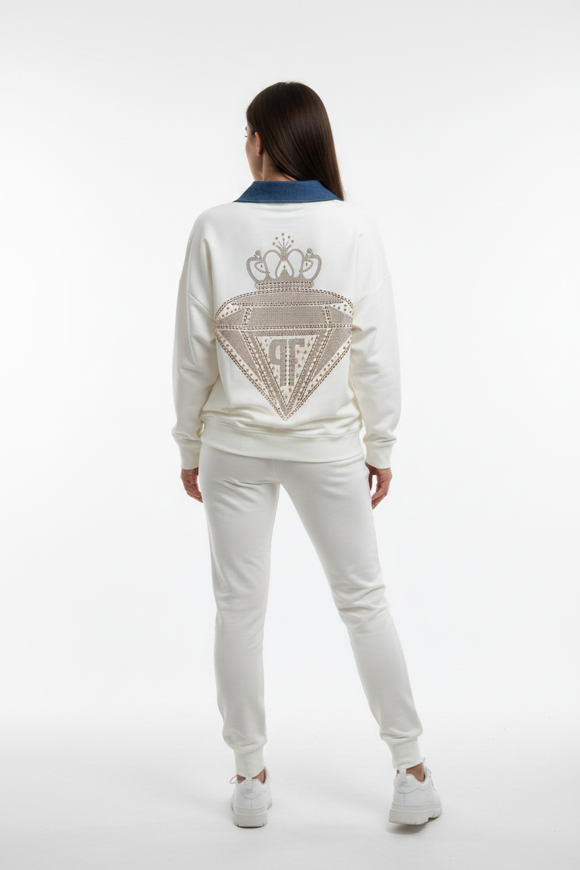 Paparazzi Fashion Tracksuit – White with Denim Collar and Rhinestone Applications. Code:0095