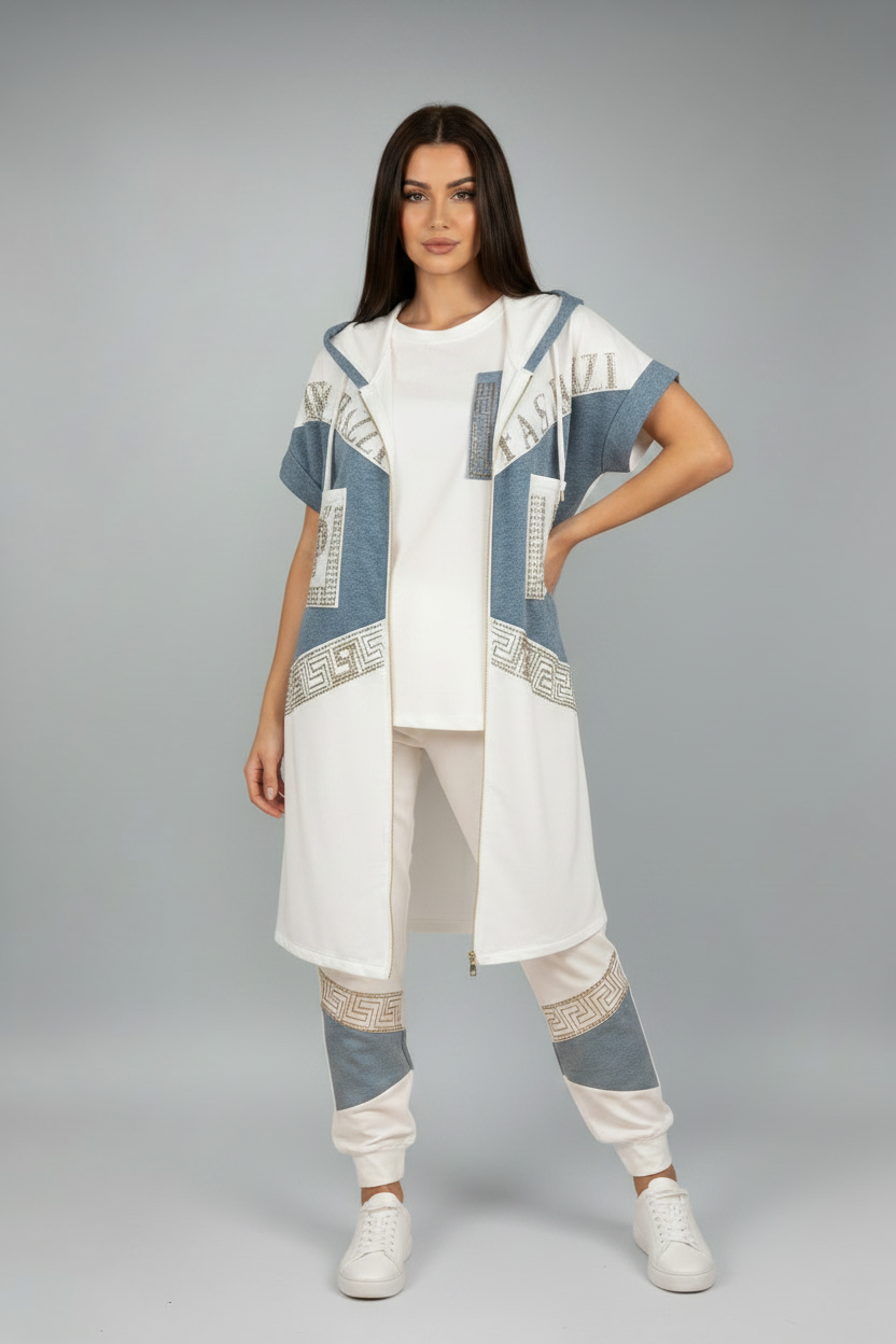 Compleu Paparazzi Fashion Damă 3 Piese – Pantalon, Jachetă/Cardigan Lung cu Glugă și Tricou - Mărime Universală. Cod 0057