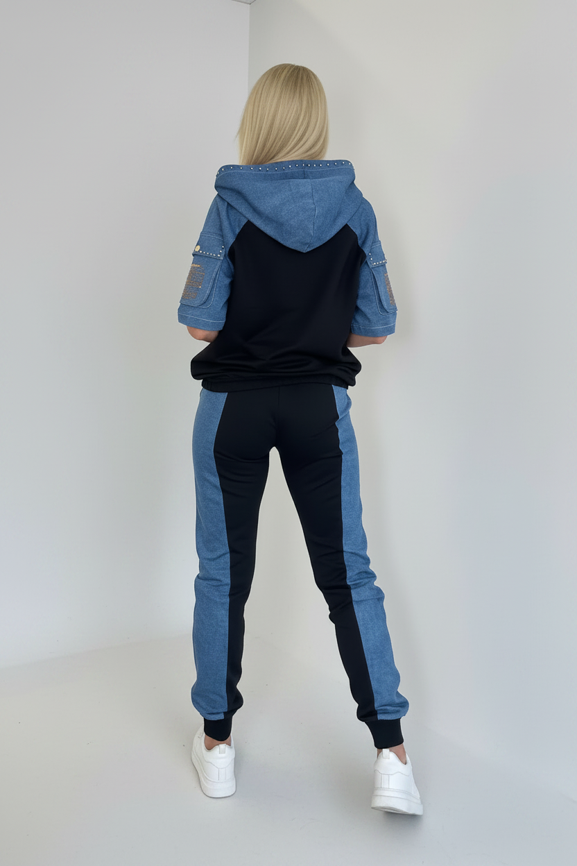 Paparazzi Fashion Tracksuit – Black with Denim Insert. Code 0100