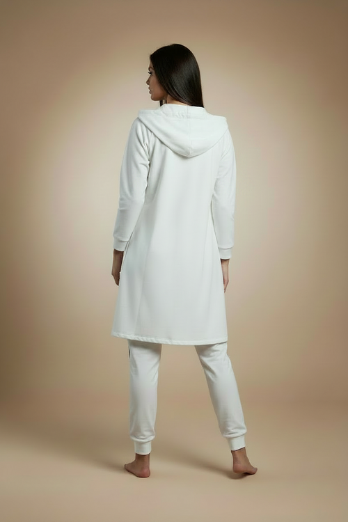 Compleu Paparazzi Fashion Damă 3 Piese – Pantalon, Jachetă/Cardigan Lung cu Glugă și Tricou - Mărime Universală. Cod 0057