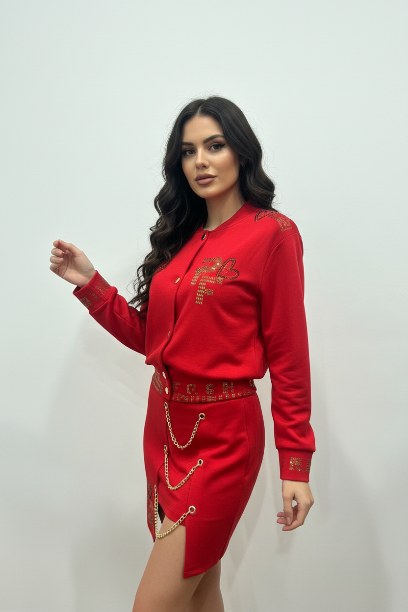 Costum Paparazzi Fashion cu Fustă-Pantalon | Mărime Universală | Roșu cu Detalii Aurii : 3323