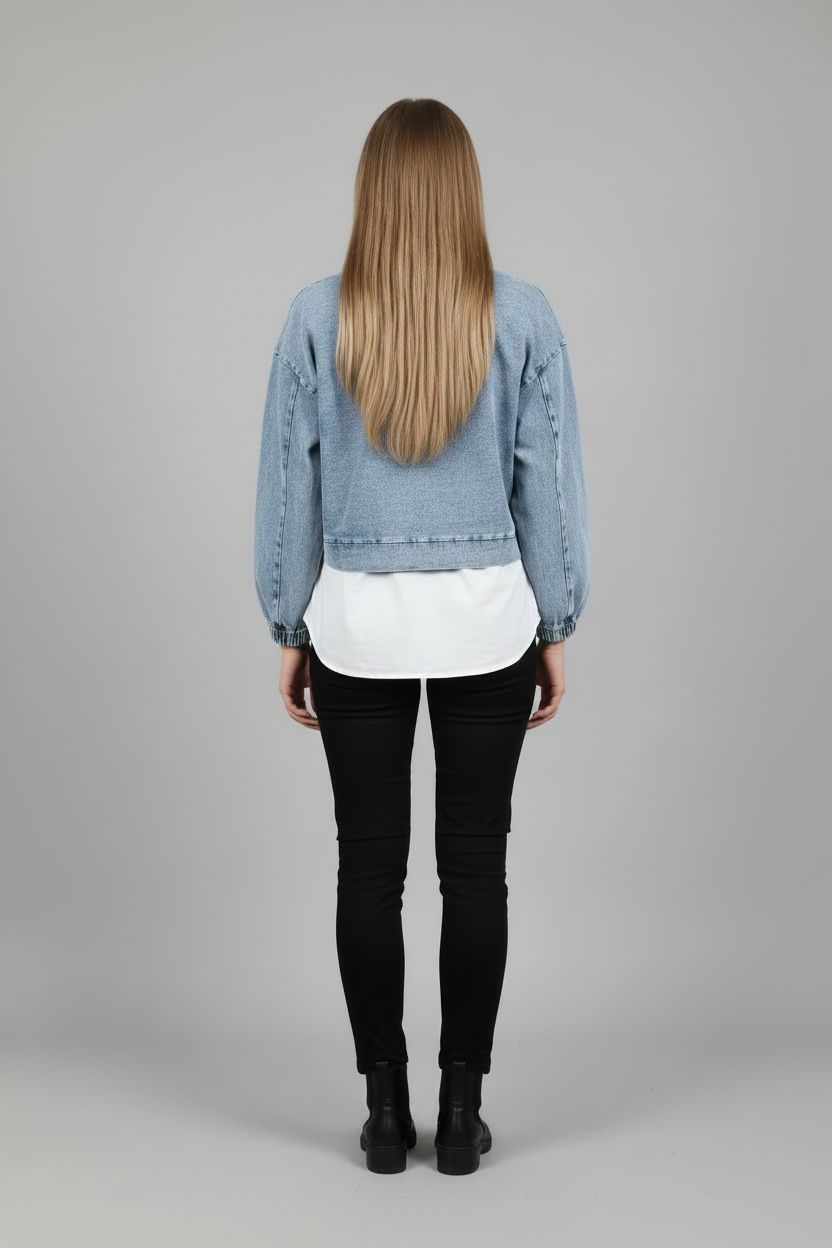 Set Paparazzi Fashion, Elegant cu Guler de Cămașă si bluza cu denim albastru si pantaloni Negri cu coroana