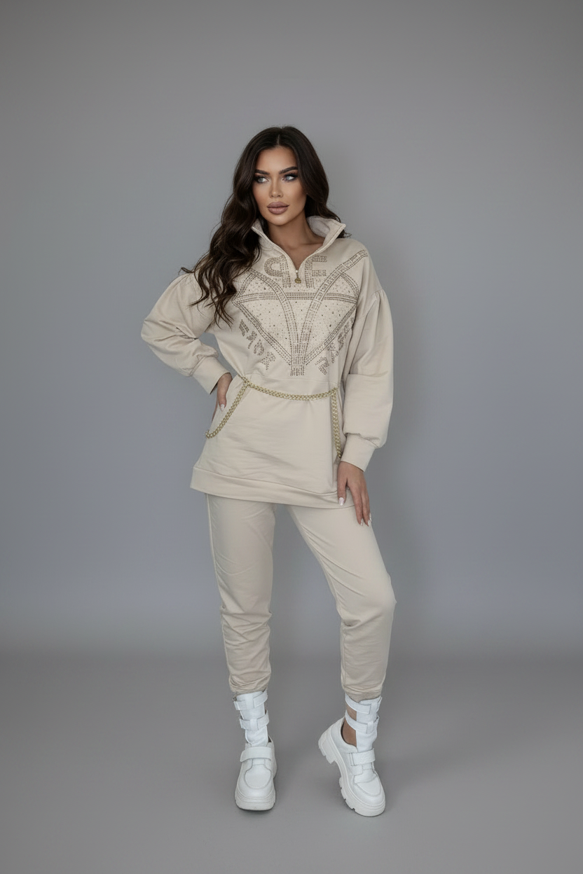 Paparazzi Fashion Tracksuit – Beige with Stone Appliqués