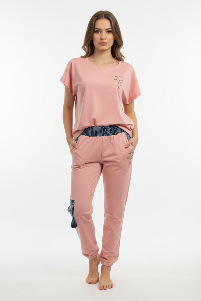 Pink Paparazzi Fashion Tracksuit with Denim Details, universal size. Code 2886-B