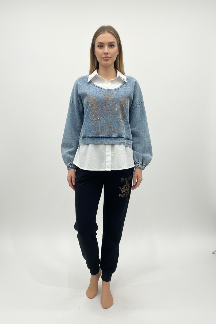 Set Paparazzi Fashion, Elegant cu Guler de Cămașă si bluza cu denim albastru si pantaloni Negri cu coroana