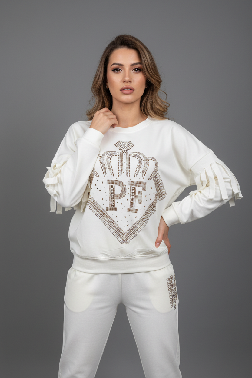 Paparazzi Fashion Tracksuit – White PF with Fringes and Rhinestones Code:0089