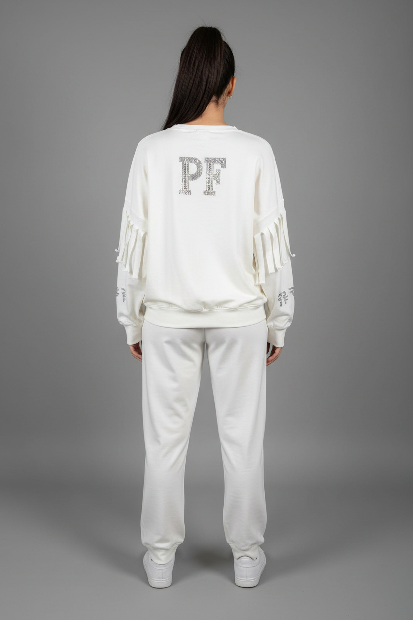 Paparazzi Fashion Tracksuit – White PF with Fringes and Rhinestones Code:0089