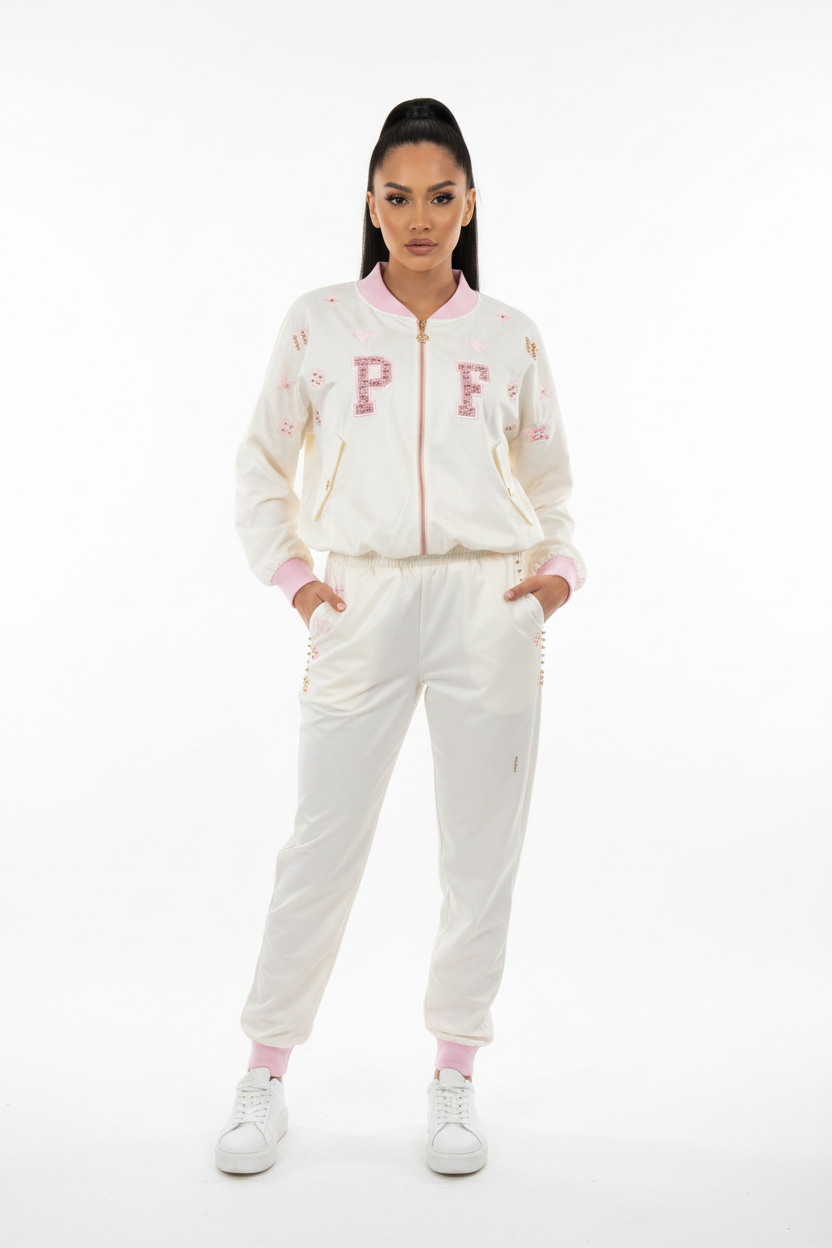 Compleu Paparazzi Fashion Bomber Alb cu Detalii Roz - Cod: 0093