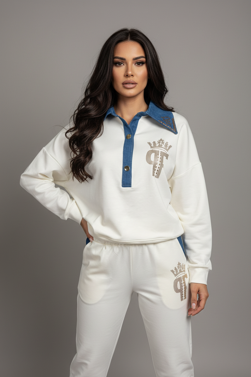 Paparazzi Fashion Tracksuit – White with Denim Collar and Rhinestone Applications. Code:0095
